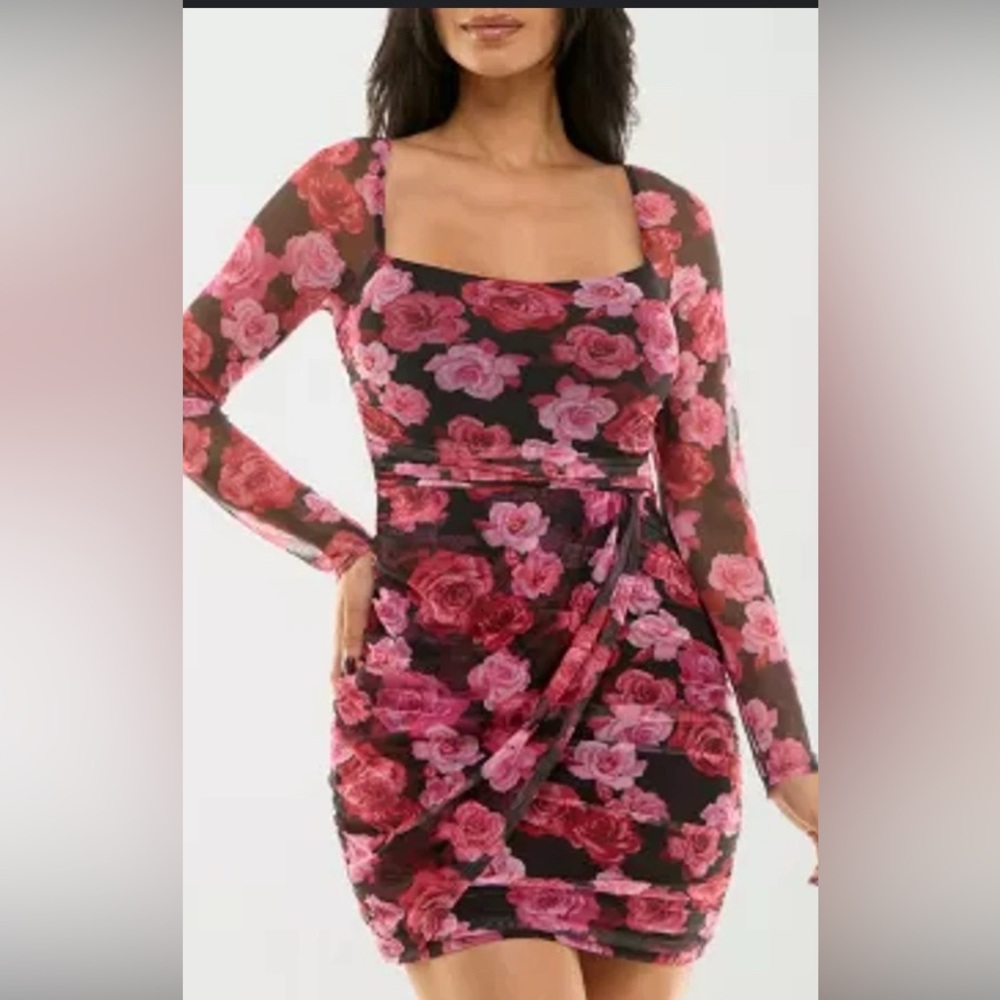 City Triangles Black Pink Floral Long Sleeve Mini Dress, XL